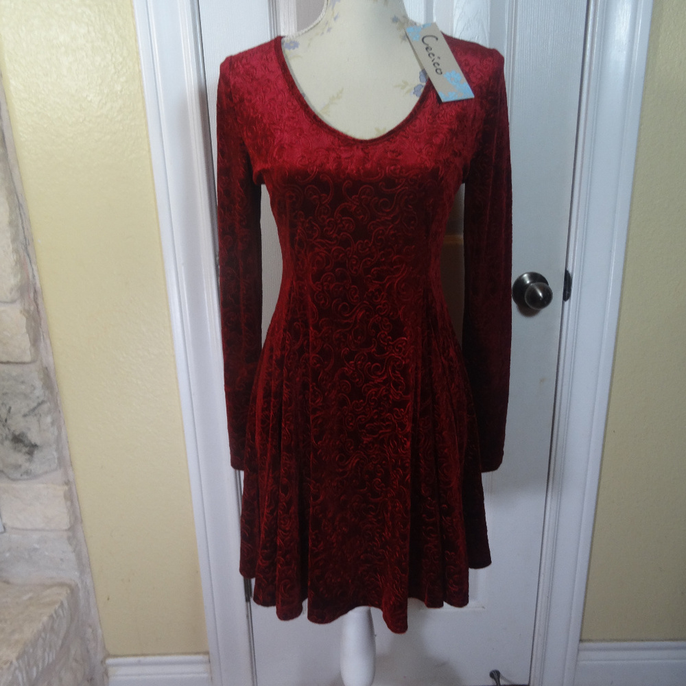 Cecico Red Velvet Scroll Dress NWT